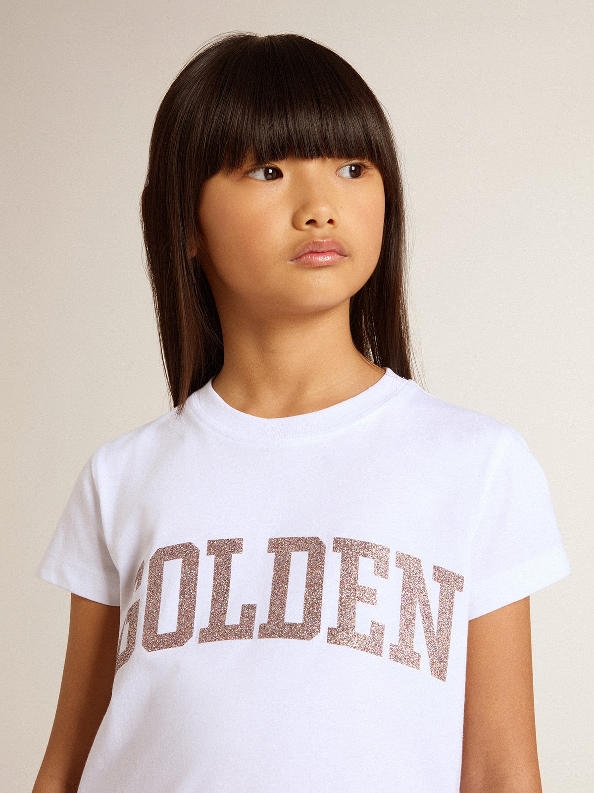 Girls' white T-shirt with pink glitter Golden lettering