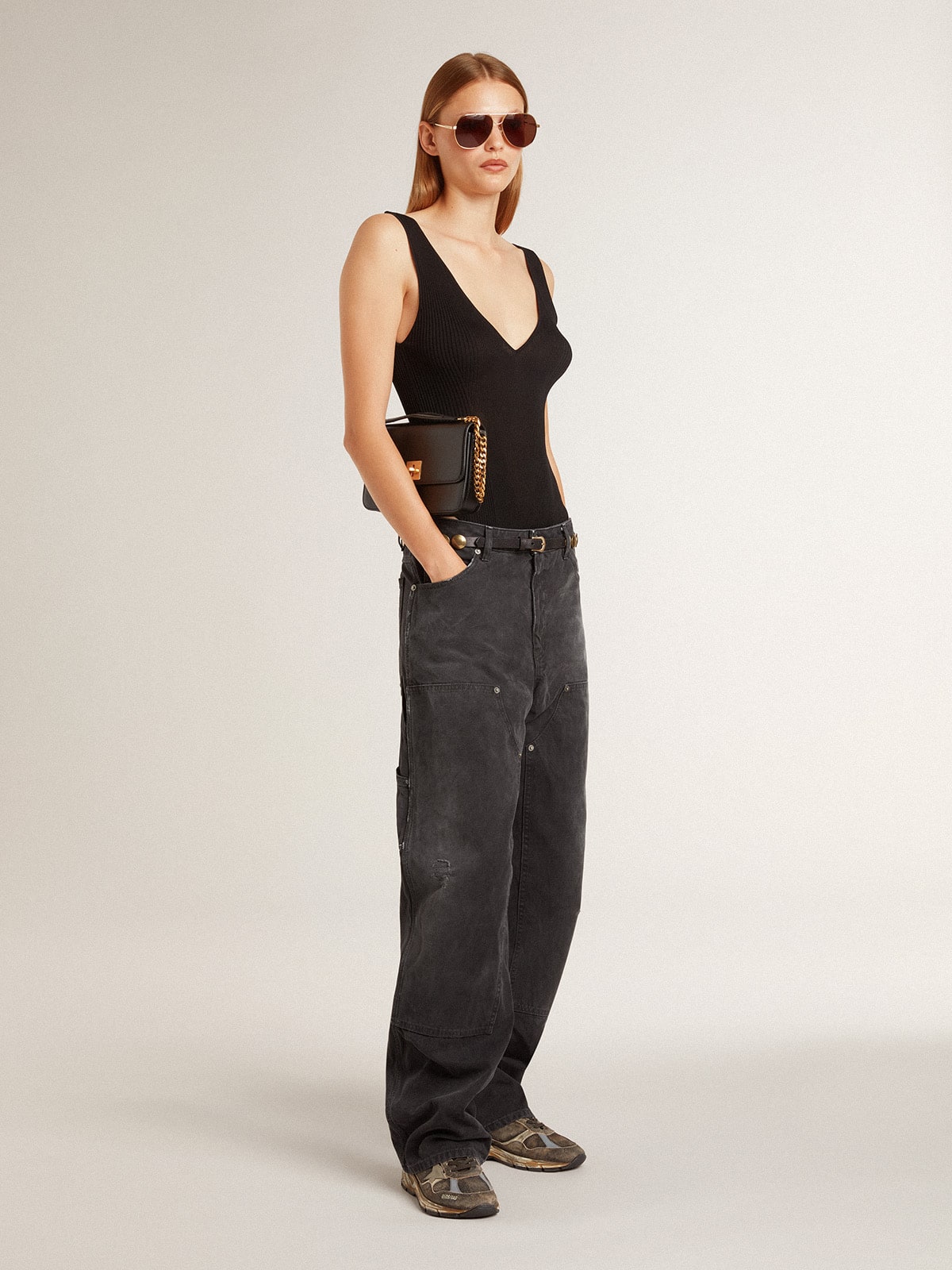 Women's distressed black cotton jeans with front patches