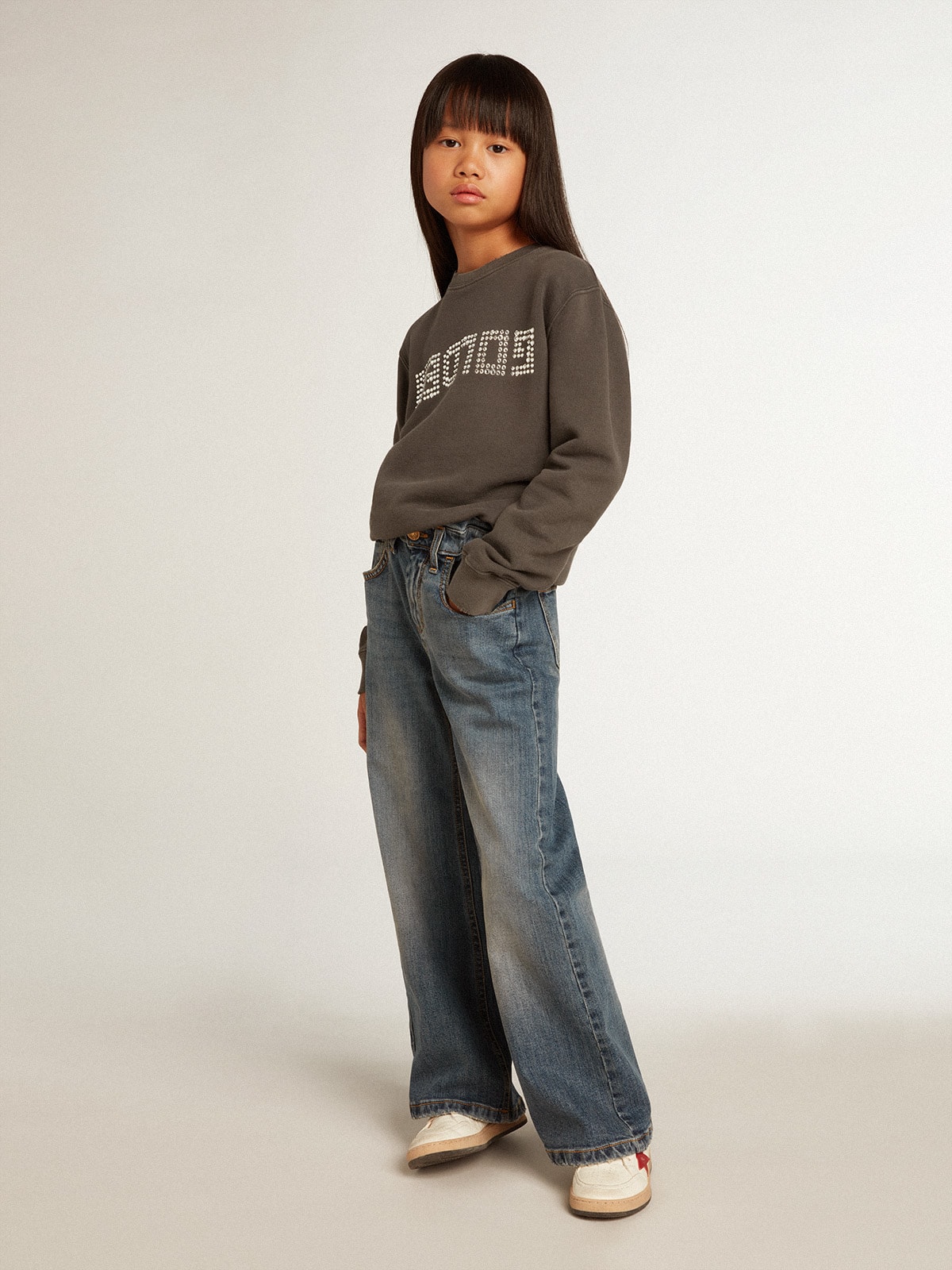 Distressed gray sweatshirt with crystal lettering