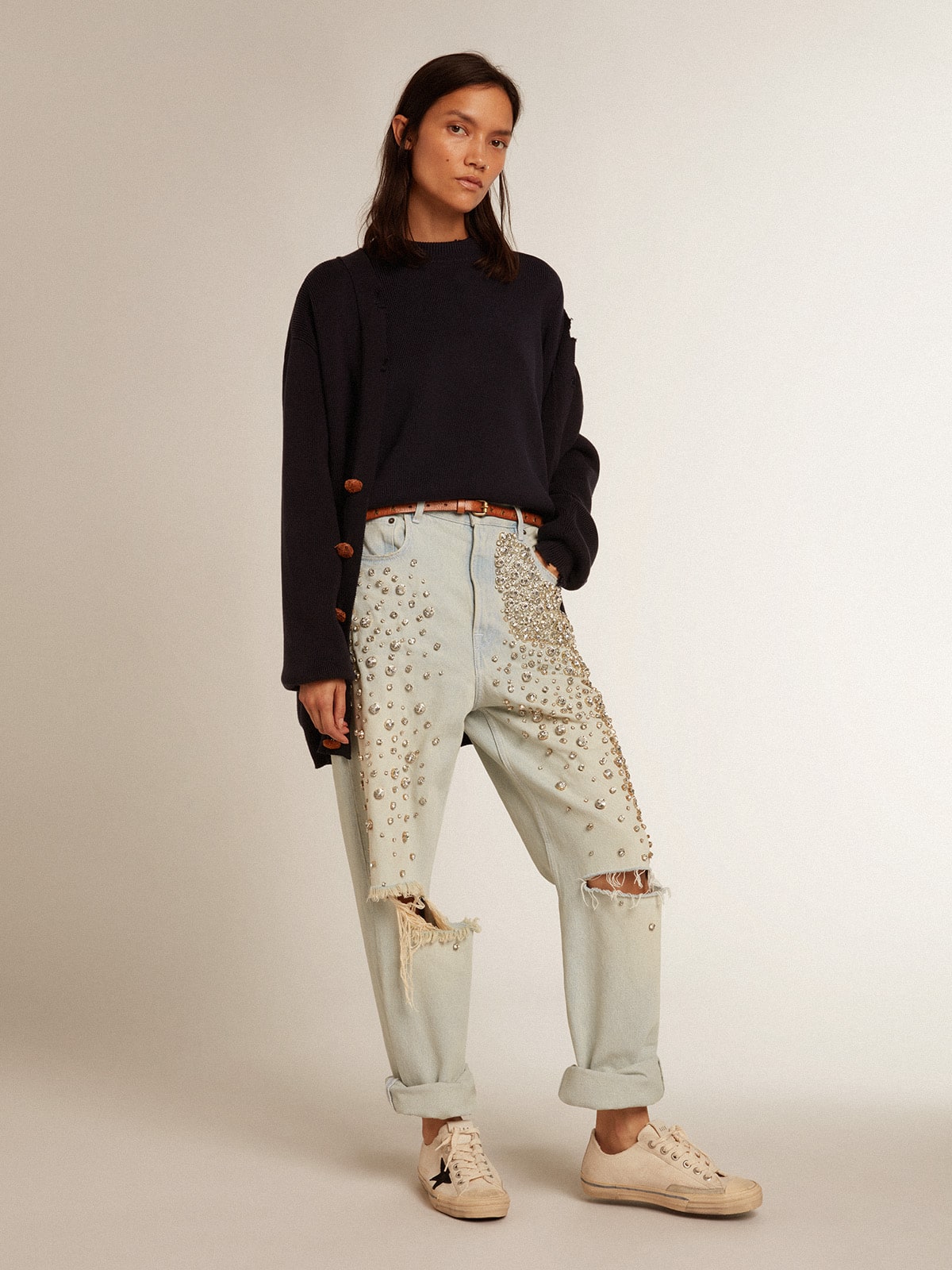 Women’s round-neck sweater in dark blue cotton