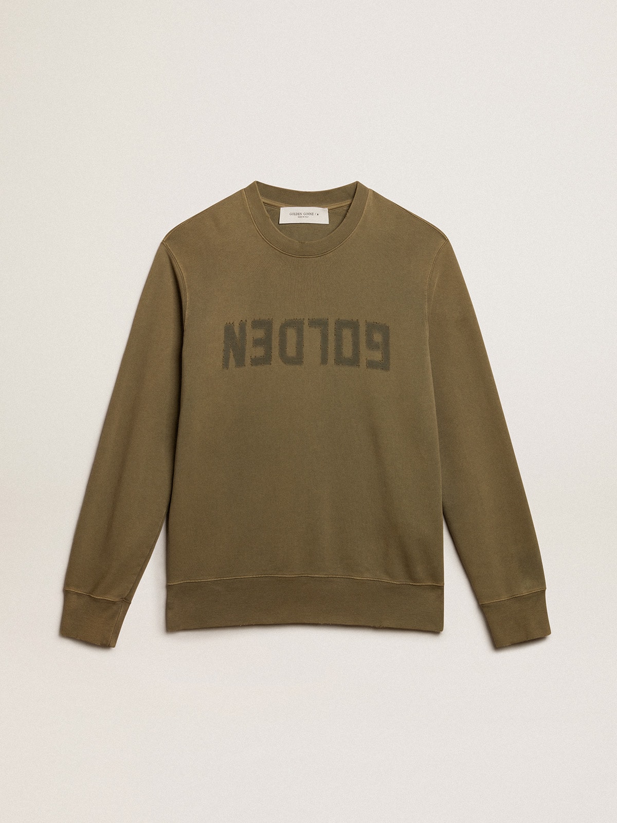Men's olive green sweatshirt with Golden lettering