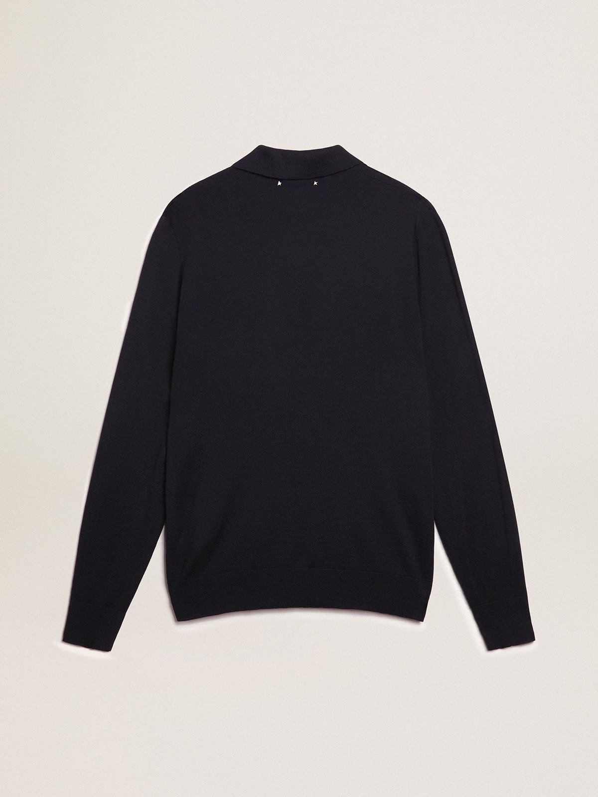 Men’s long-sleeved polo shirt in navy-blue merino wool