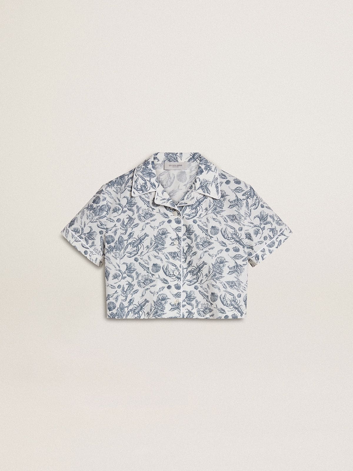 Girls’ white cropped shirt with blue print