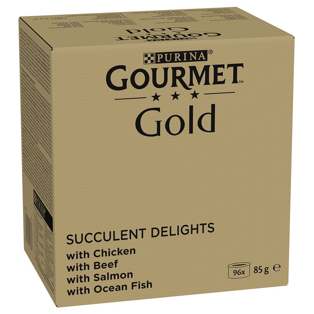 Gourmet Gold Succulent Delights Jumbo Pack 96 x 85g Chicken, Ocean Fish, Beef, Salmon