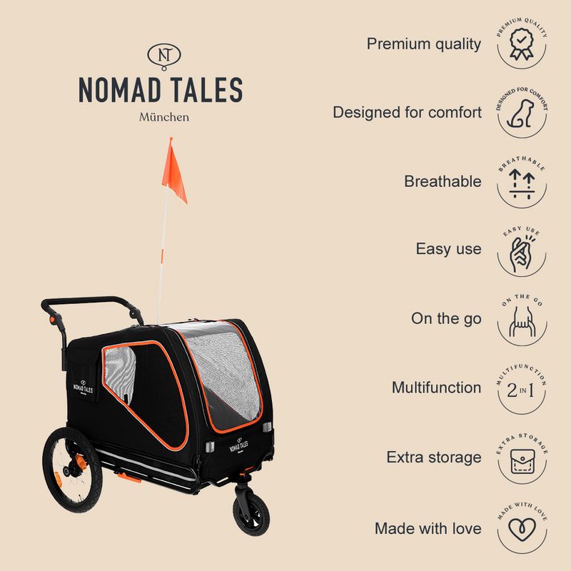 Nomad Tales Spirit Bike Trailer - Ebony/Tangerine 145 x 72 x 102 cm (L x W x H), up to 45kg