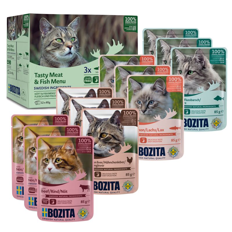 Bozita Chunks in Jelly Pouches Mixed Packs 12 x 85g Mixed Pack: Meat Menu (3 Varieties)