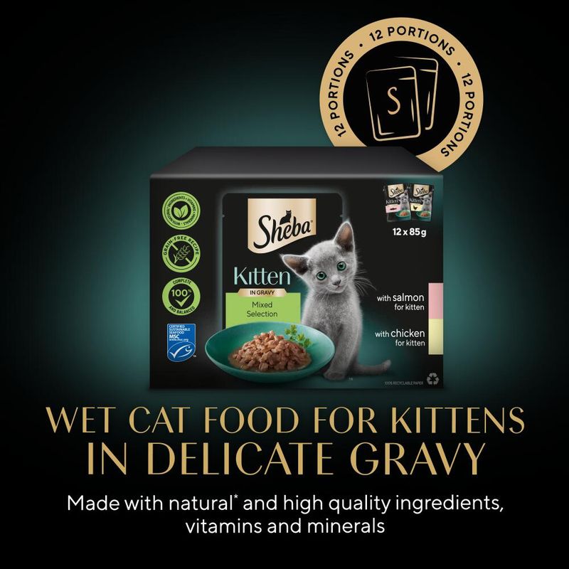 Sheba Kitten Pouches Varieties 12 x 85g Mixed Selection in Gravy (Salmon, Chicken)