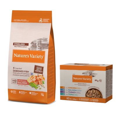 7kg Nature's Variety Dry Cat Food + 12 x 85g Wet Cat Food Free! * No Grain Sterilised Adult Turkey (7kg) + Mixed Pack Bites in Gravy (12 x 85g)