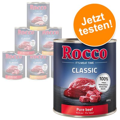Rocco Classic Trial Pack 6 x 800g Topseller Mix: Pure Beef, Beef/Poultry Hearts, Beef/Chicken