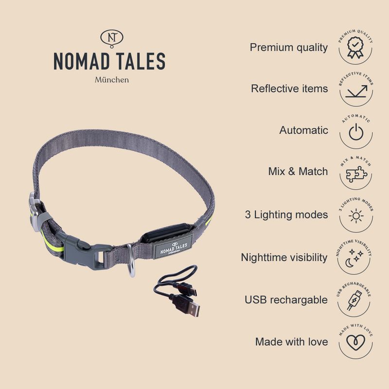 Nomad Tales Spirit USB LED Nylon Collar - Neon Yellow & Grey Size S/M: Neck circumference 35-50cm
