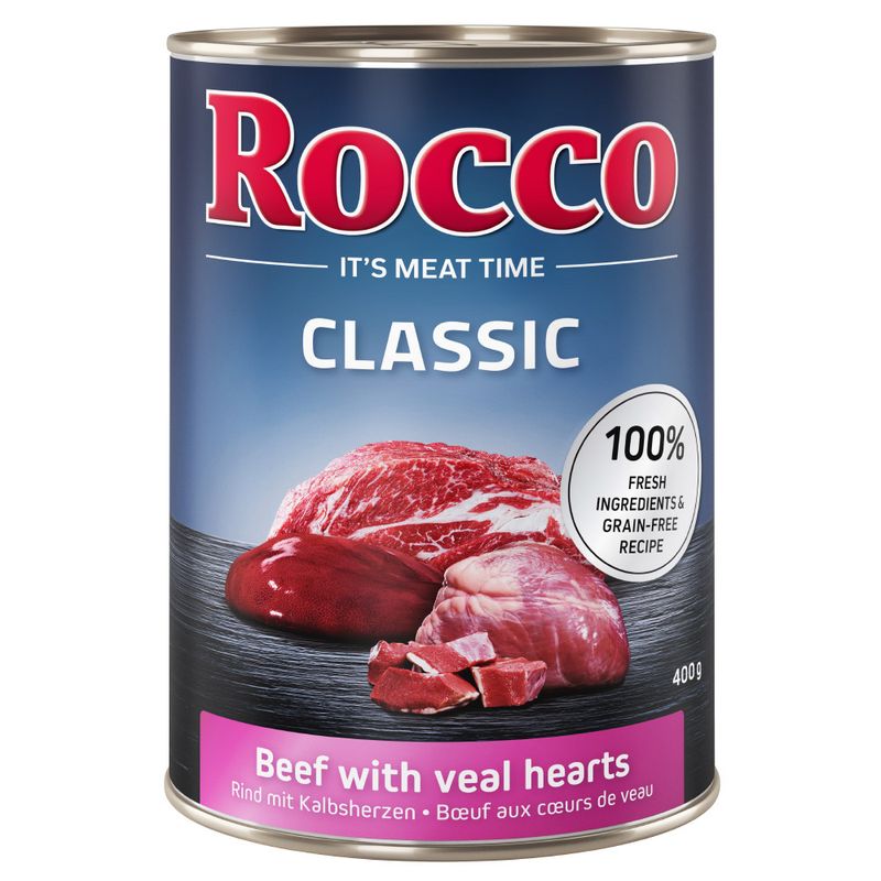 Rocco Classic Saver Pack 24 x 400g Topseller Mix: Pure Beef, Beef/Poultry Hearts, Beef/Chicken
