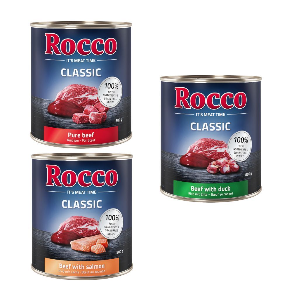 Rocco Classic Trial Pack 6 x 800g Topseller Mix: Pure Beef, Beef/Poultry Hearts, Beef/Chicken