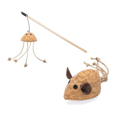 Beeztees Catnip Cat Toy Set Cork Cork Mouse Reinie + Cat Fishing Rod Cctopus Tako