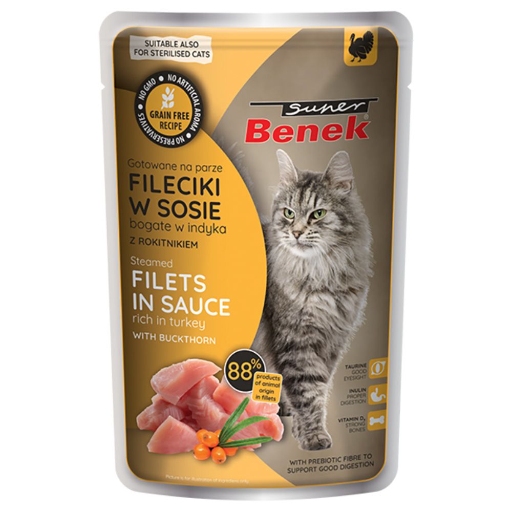 Super Benek Grain-Free Steamed Fillets 28 x 85g Turkey with Sea Buckthorn in Gravy