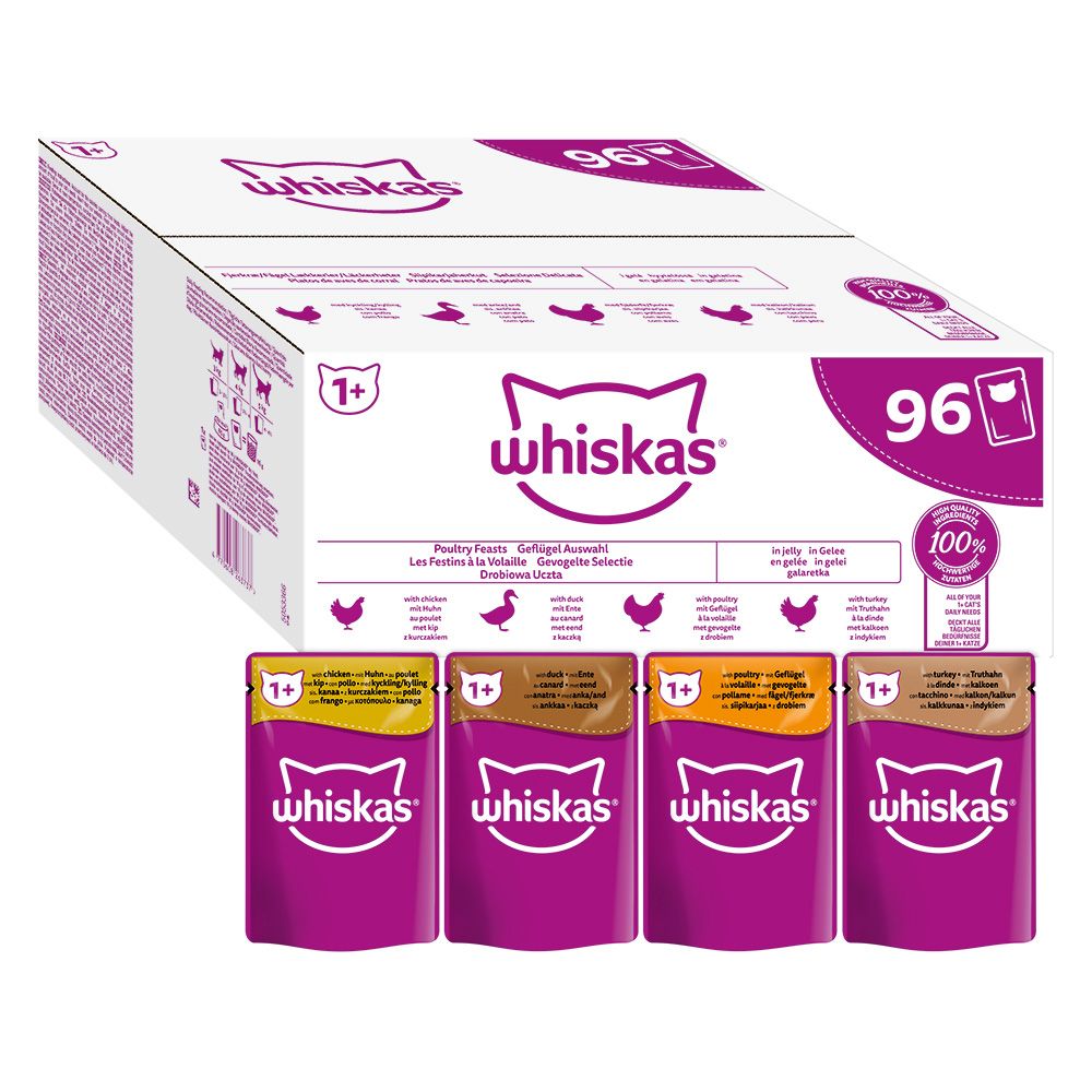 Whiskas 1+ Pouches Mega Pack 96 x 85g Poultry Feasts in Jelly