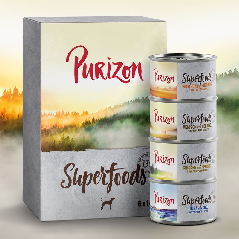 Purizon Superfoods 6 x 140g Mixed Pack (2x Chicken, 2x Tuna, 1x Wild Boar, 1x Game)