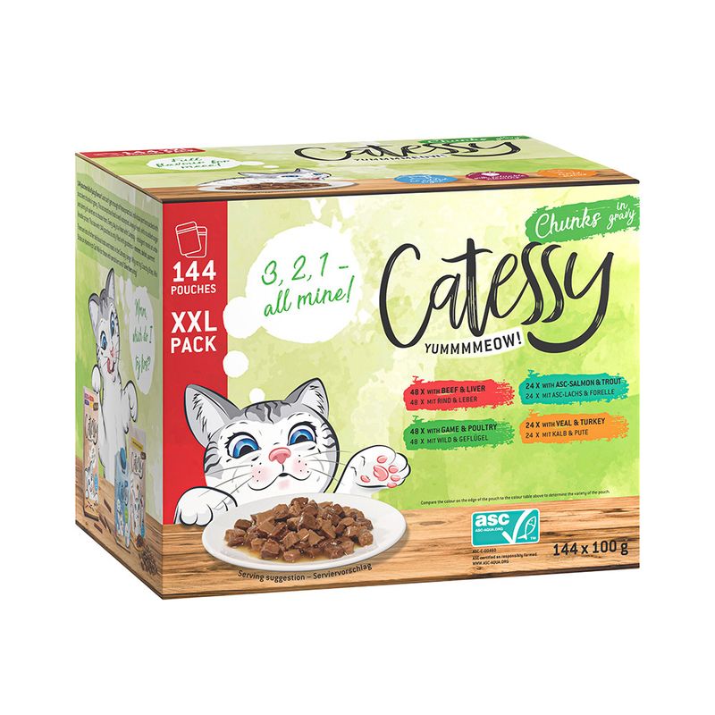 Catessy Pouches XXL Saver Pack 144 x 100g Chunks in Sauce I (4 Varieties)