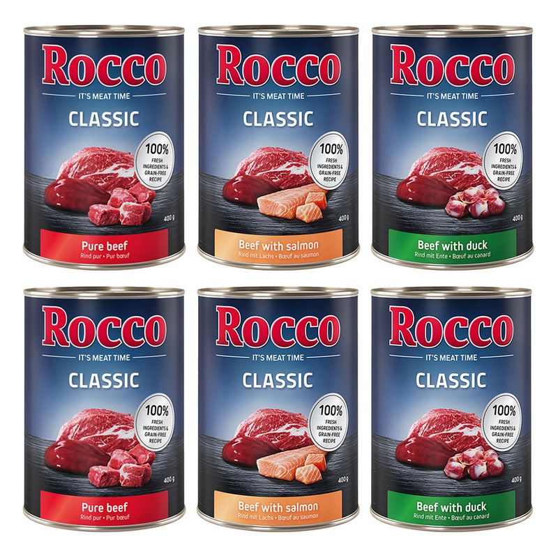 Rocco Classic Mixed Trial Pack 6 x 400g Topseller Mix: Pure Beef, Beef/Poultry Hearts, Beef/Chicken