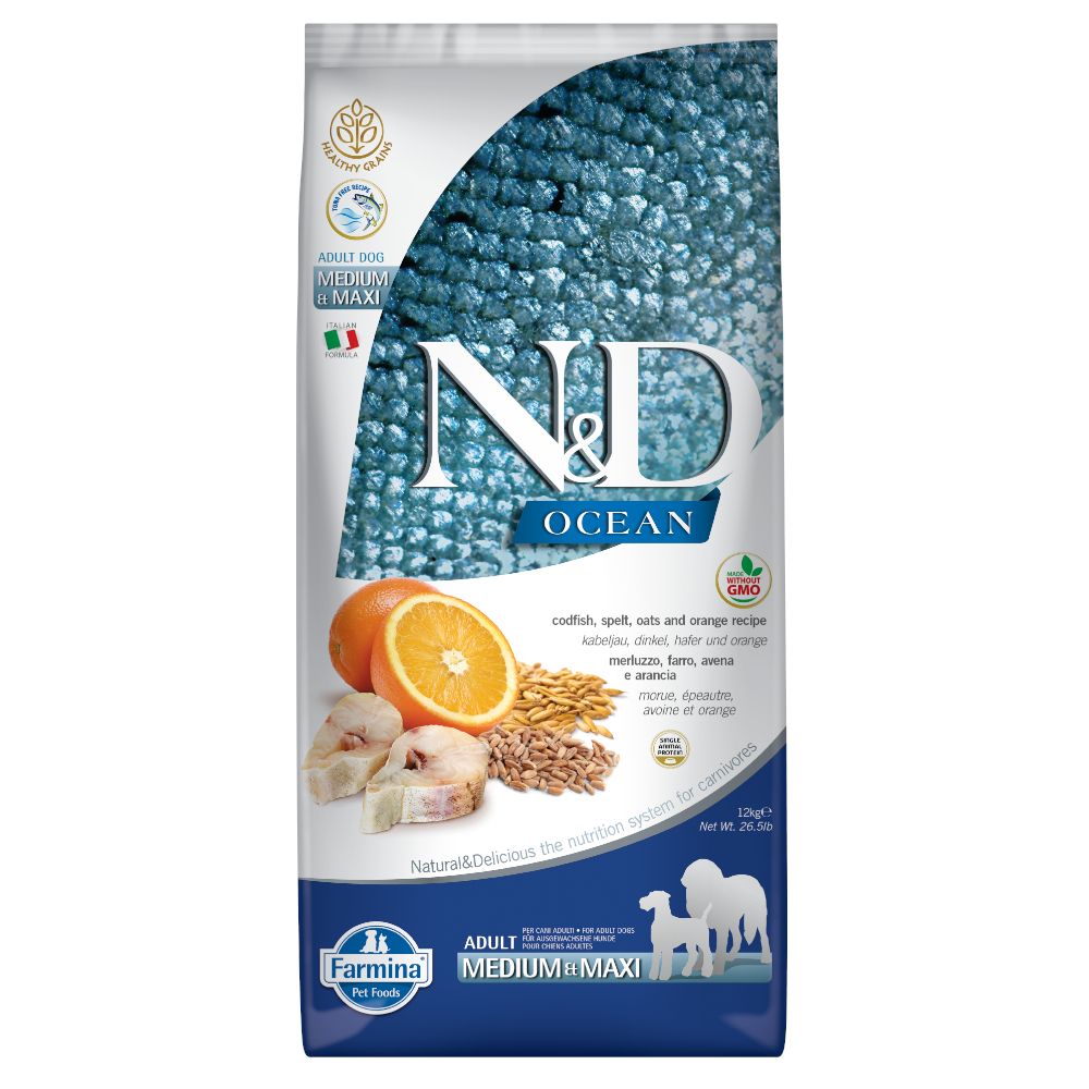 Farmina N&D Ocean Healthy Cereals Cod & Orange Adult Medium/Maxi Economy Pack: 2 x 12kg