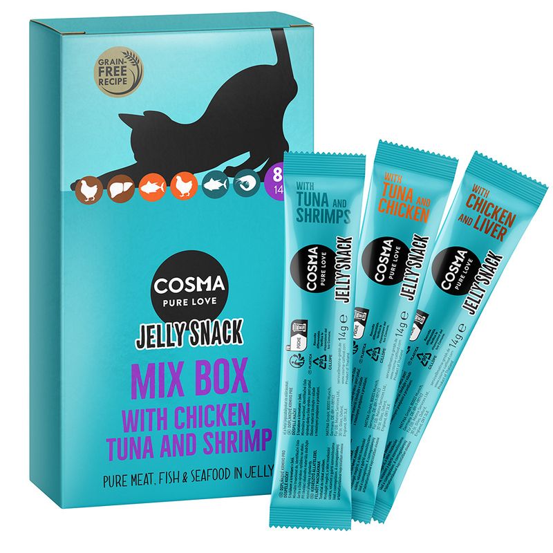 Cosma Jelly Snacks Saver Pack Mix 2: Chicken/Chicken Liver, Tuna/Shrimps, Tuna/Chicken (24 x 14g)