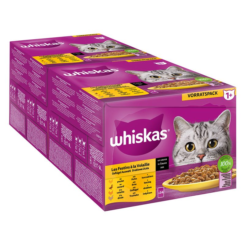 Whiskas 1+ Adult Pouches Saver Pack 48 x 85g Poultry Feasts in Jelly