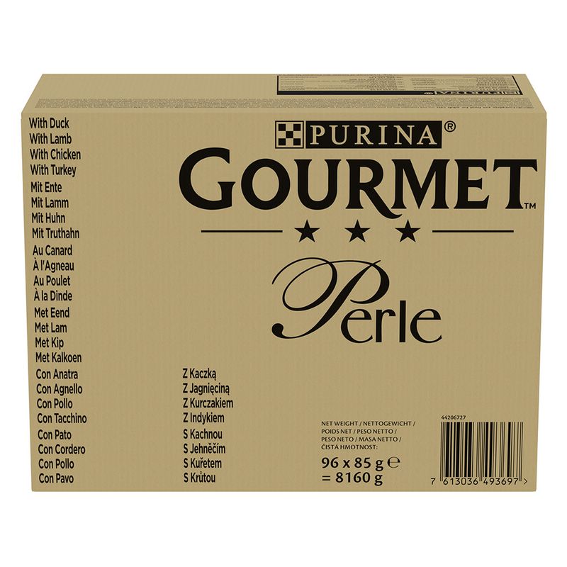 Gourmet Perle Pouches Mixed Mega Pack 96 x 85g Beef, Chicken, Salmon, Tuna in Sauce