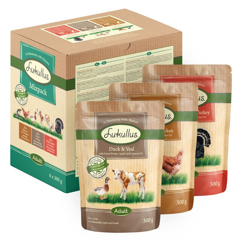 Lukullus Natural Grain-free Pouches Mixed Pack 6 x 300g Mixed Pack: Wild Rabbit & Turkey / Duck & Veal / Salmon & Chicken