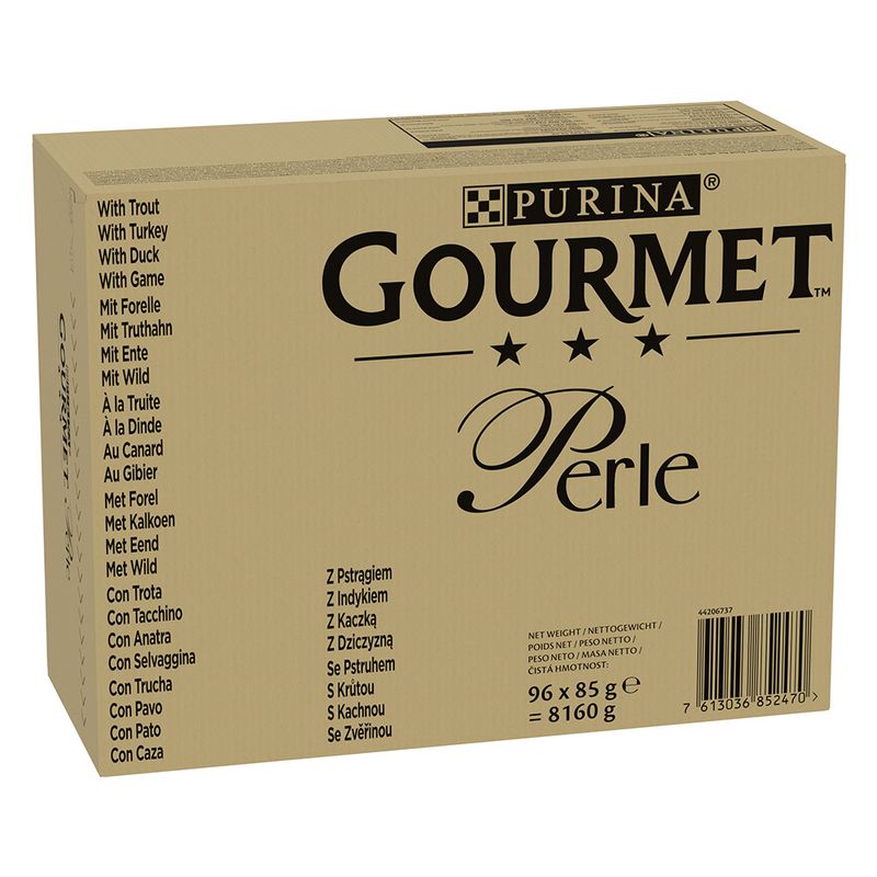 Gourmet Perle Pouches Mixed Mega Pack 96 x 85g Beef, Chicken, Salmon, Tuna in Sauce