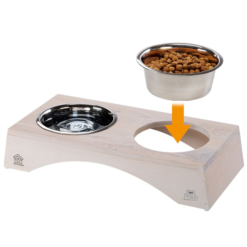 Ferplast Double Bowl Legno made of wood 2 x 1.2 l, L 49.5 x W x H 23 x H 9.6 cm