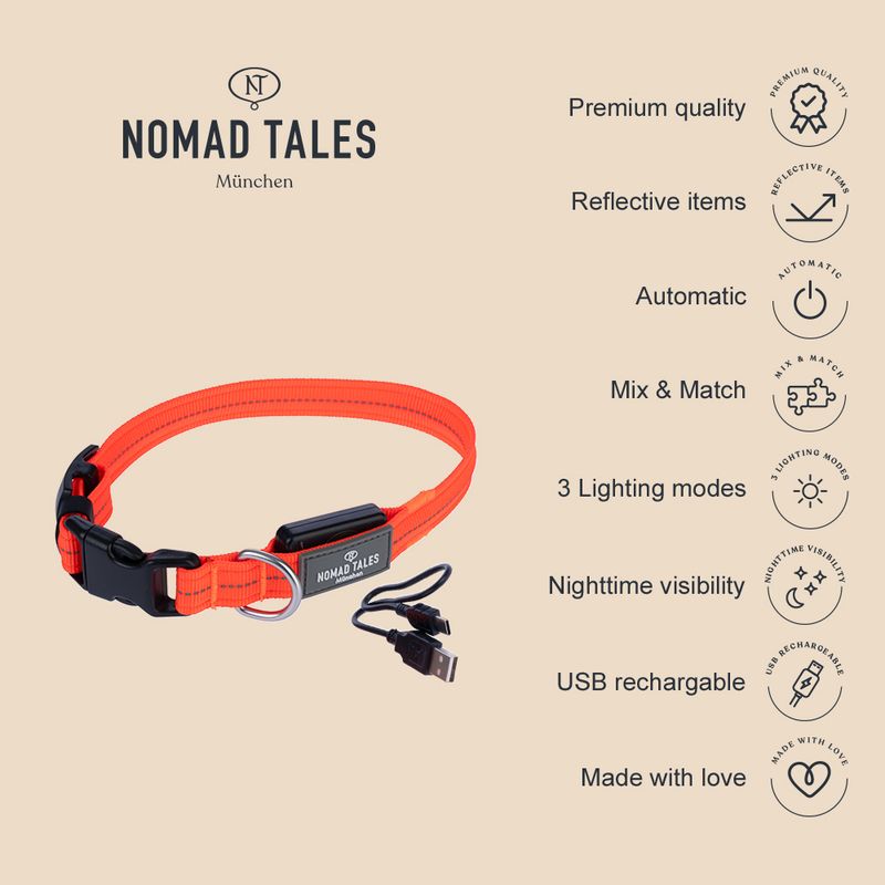 Nomad Tales Spirit USB LED Nylon Collar - Orange Size S: Neck circumference 34-41cm