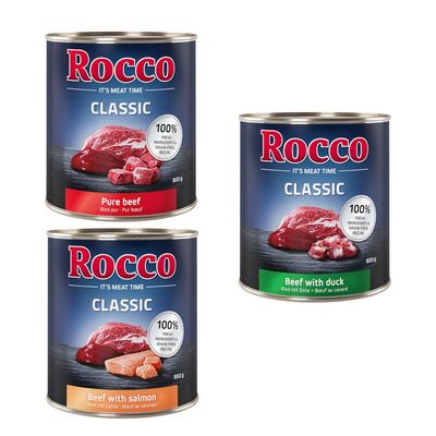 Rocco Classic Trial Pack 6 x 800g Topseller Mix: Pure Beef, Beef/Poultry Hearts, Beef/Chicken