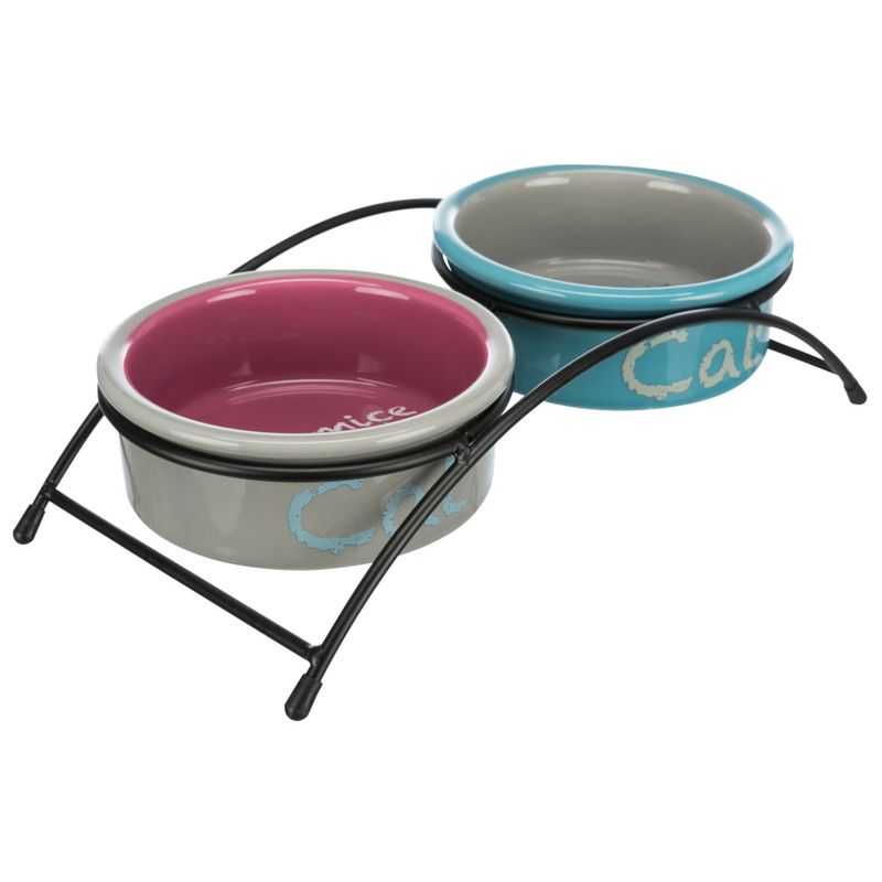 Trixie Eat on Feet Ceramic Bowl Set 2 x 300ml, 12cm diameter (light grey/dusky pink/light blue)