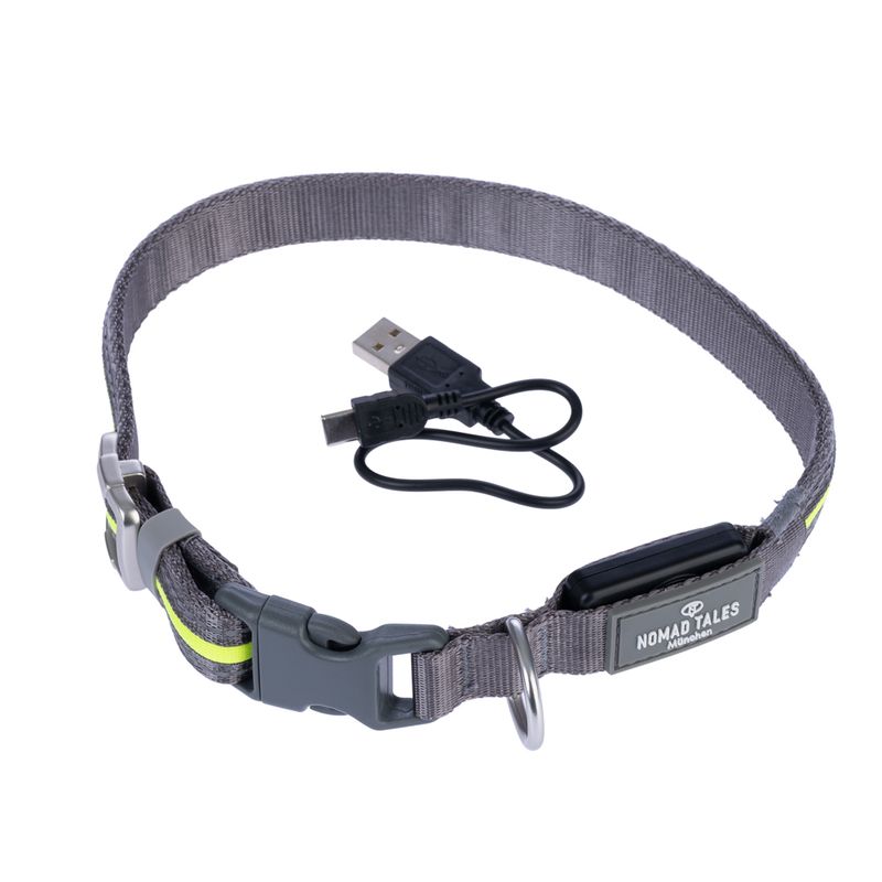 Nomad Tales Spirit USB LED Nylon Collar - Neon Yellow & Grey Size S/M: Neck circumference 35-50cm