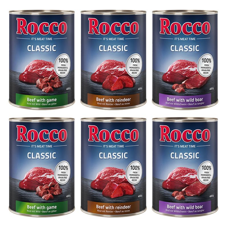 Rocco Classic Mixed Trial Pack 6 x 400g Topseller Mix: Pure Beef, Beef/Poultry Hearts, Beef/Chicken
