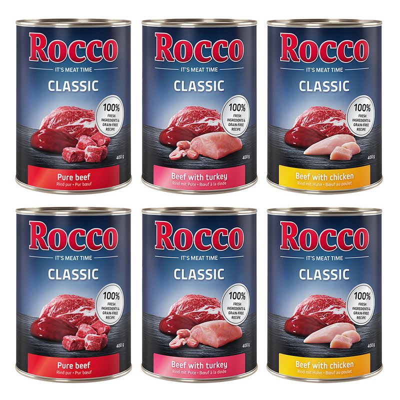 Rocco Classic Mixed Trial Pack 6 x 400g Topseller Mix: Pure Beef, Beef/Poultry Hearts, Beef/Chicken