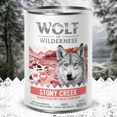 Wolf of Wilderness Adult 6 x 400g - With lots of fresh poultry Mixed Pack: 2x Stony Creek, 2x Sandy Path, 2x Steep Journey
