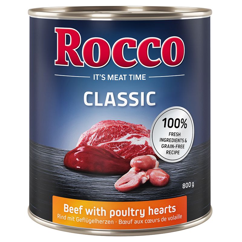 Rocco Classic Trial Pack 6 x 800g Topseller Mix: Pure Beef, Beef/Poultry Hearts, Beef/Chicken
