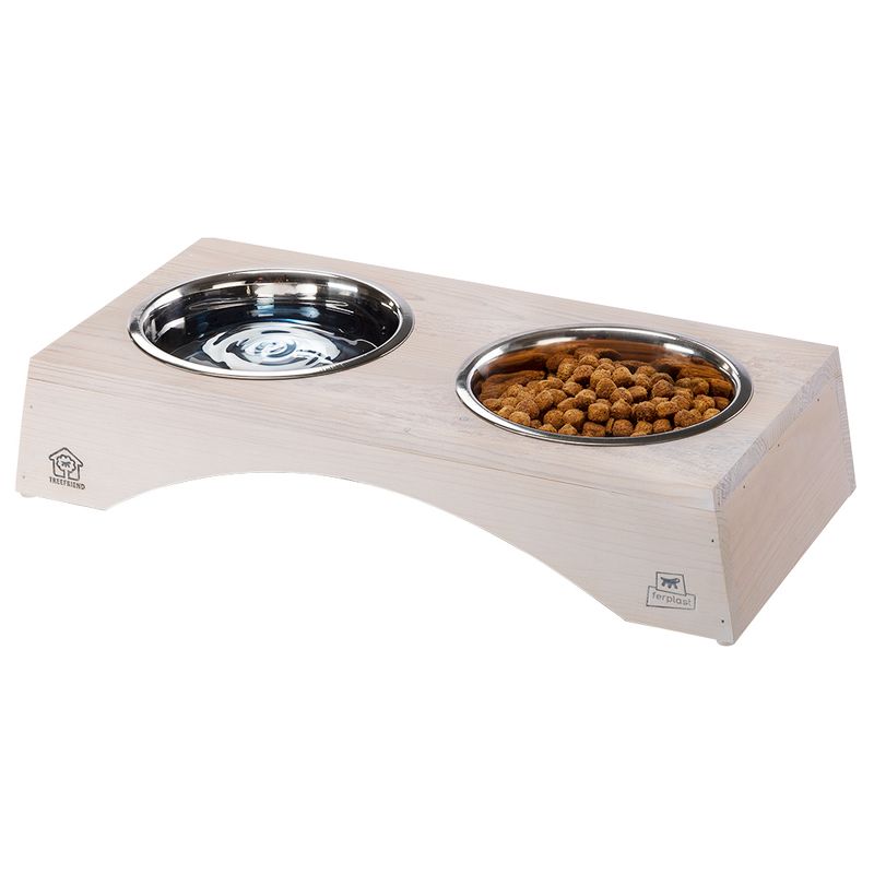 Ferplast Double Bowl Legno made of wood 2 x 1.2 l, L 49.5 x W x H 23 x H 9.6 cm