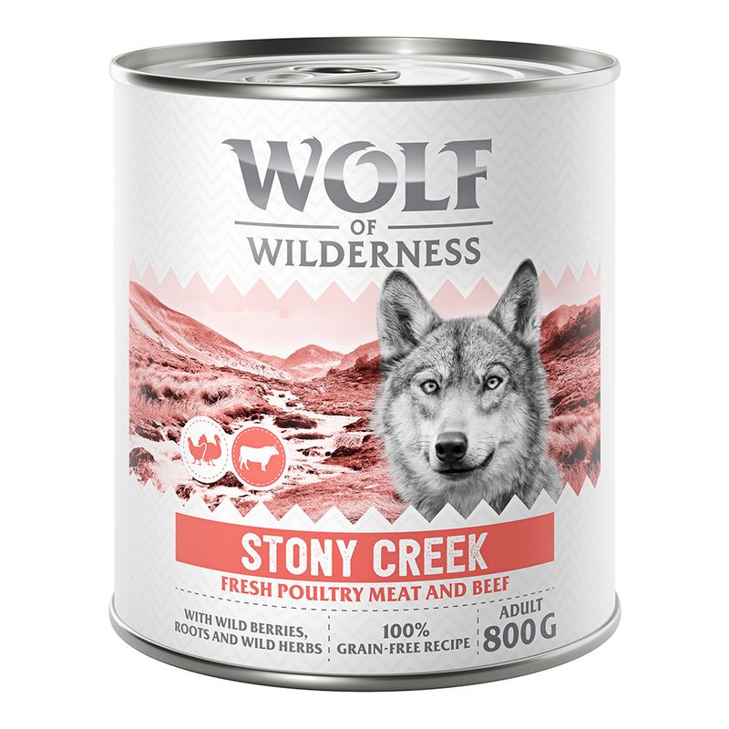 Wolf of Wilderness Adult 6 x 800g - With lots of fresh poultry Mixed Pack: 2x Stony Creek, 2x Sandy Path, 2x Steep Journey