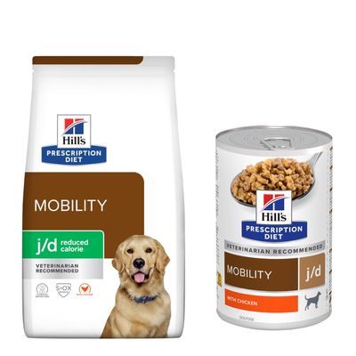 12kg Hill's Prescription Diet Dry Dog Food + 3 x 370g Wet Food Free! * j/d Joint Care - Chicken (12kg) + j/d Chicken (3 x 370g)