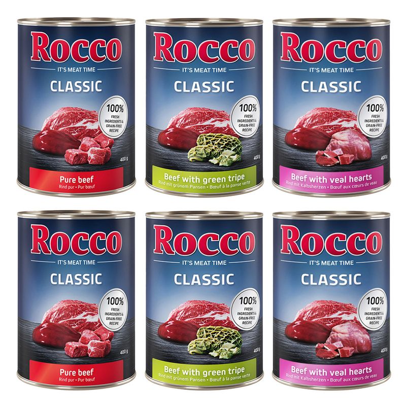 Rocco Classic Mixed Trial Pack 6 x 400g Topseller Mix: Pure Beef, Beef/Poultry Hearts, Beef/Chicken