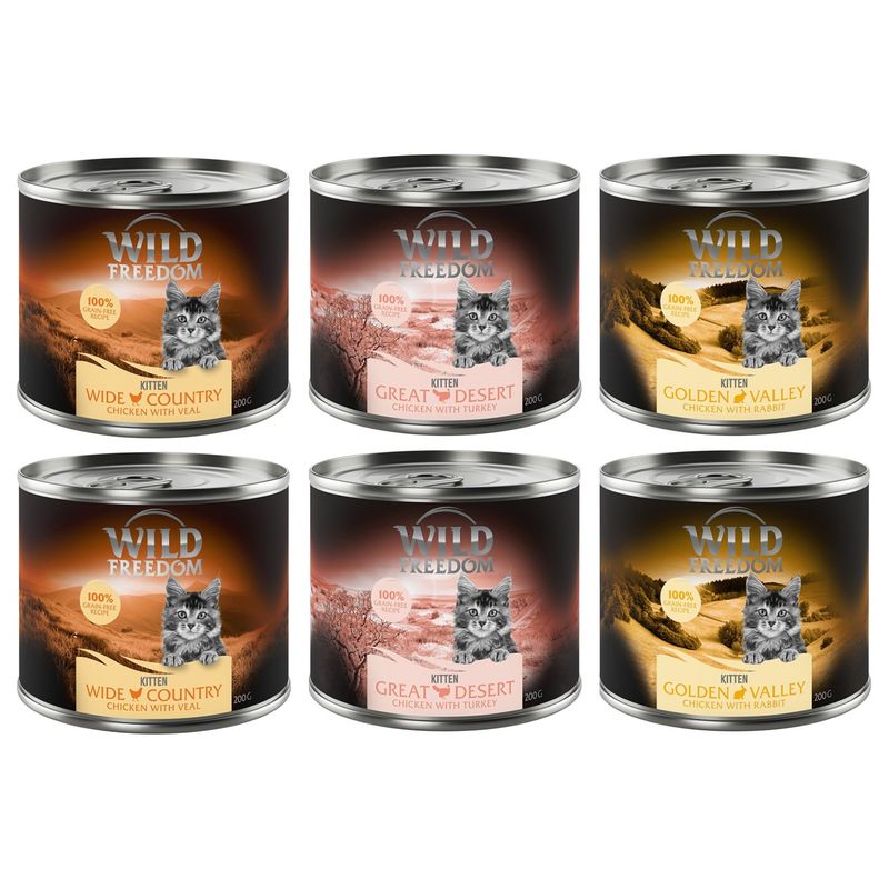 Wild Freedom Kitten Mixed Trial Pack 6 x 200g (2 x Veal, 2 x Turkey, 2 x Rabbit)