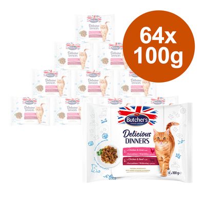 Megapack Butcher's Delicious Dinners 64 x 100g Mix: Chicken & Liver, Chicken & Beef
