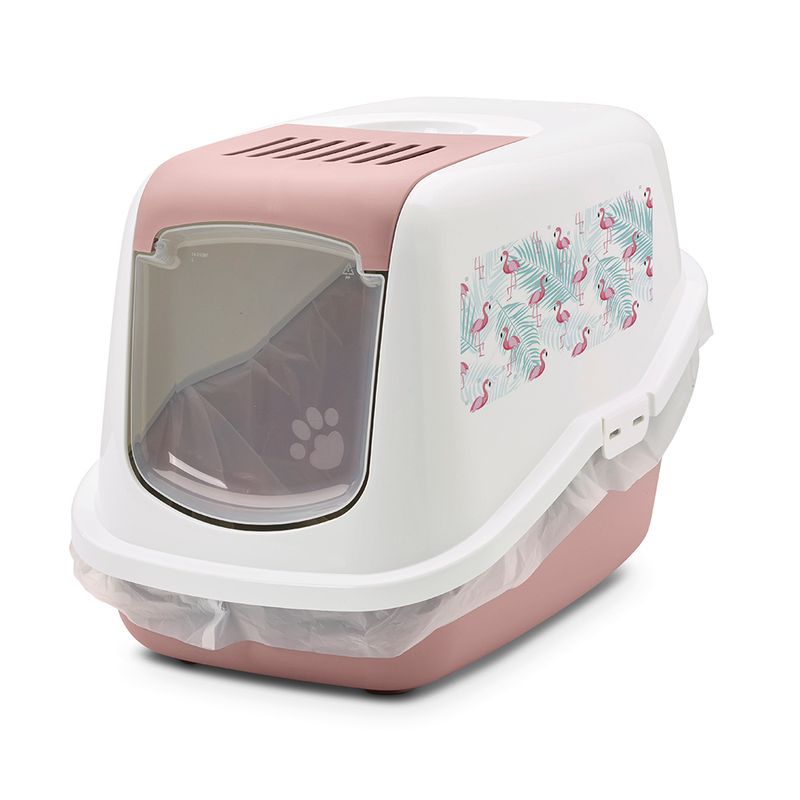 Savic Nestor Cat Litter Tray with Flamingo Design Pink & White with Flamingo Print