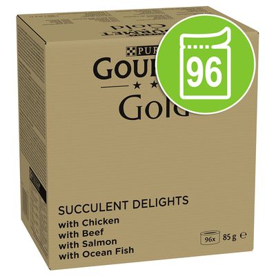 Gourmet Gold Succulent Delights Jumbo Pack 96 x 85g Chicken, Ocean Fish, Beef, Salmon