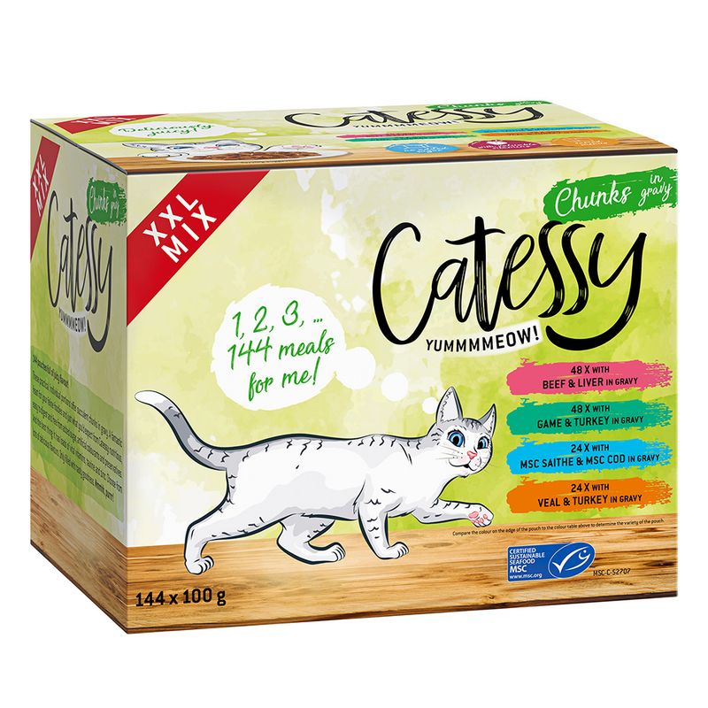 Catessy Pouches XXL Saver Pack 144 x 100g Chunks in Sauce I (4 Varieties)