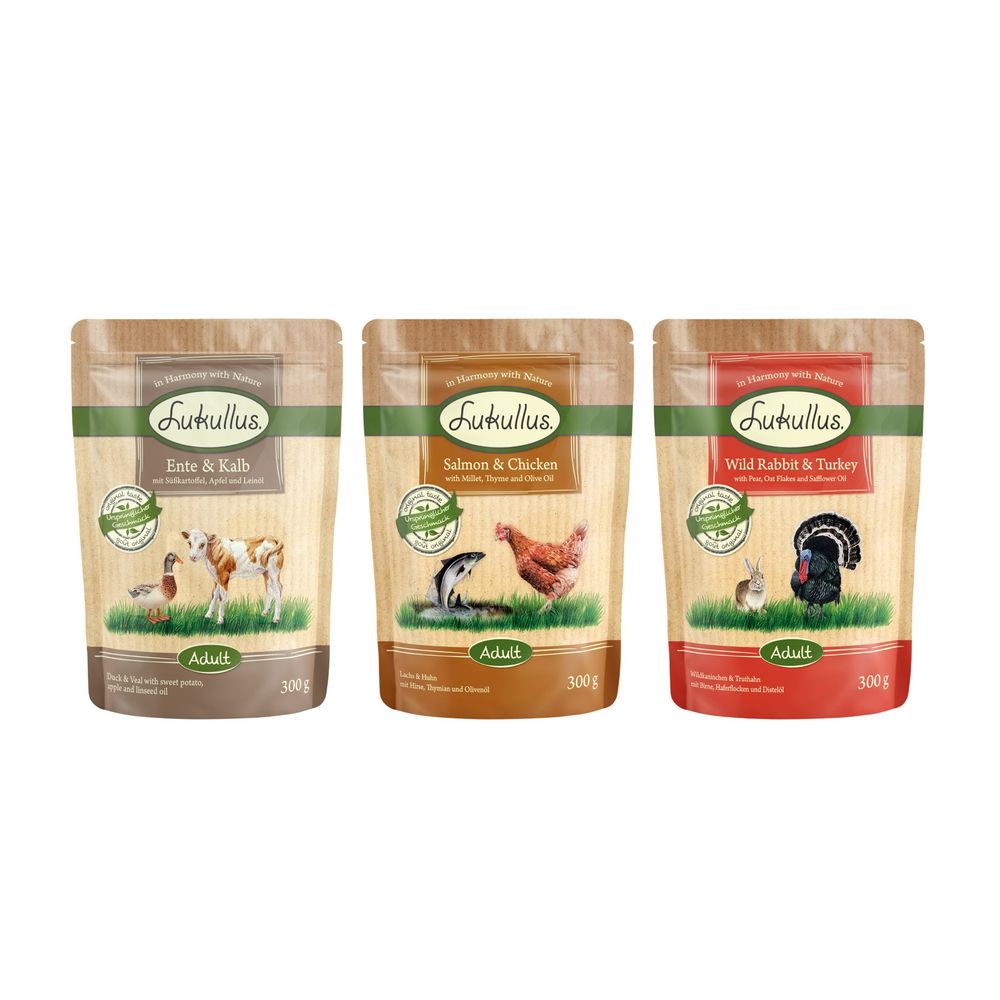 Lukullus Natural Grain-free Pouches Mixed Pack 6 x 300g Mixed Pack: Wild Rabbit & Turkey / Duck & Veal / Salmon & Chicken
