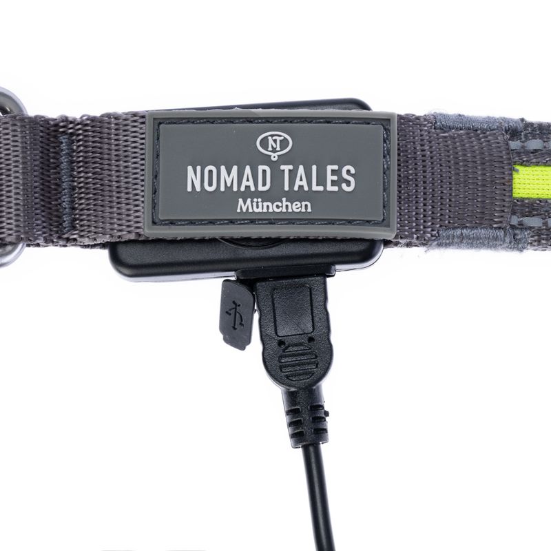 Nomad Tales Spirit USB LED Nylon Collar - Neon Yellow & Grey Size S/M: Neck circumference 35-50cm