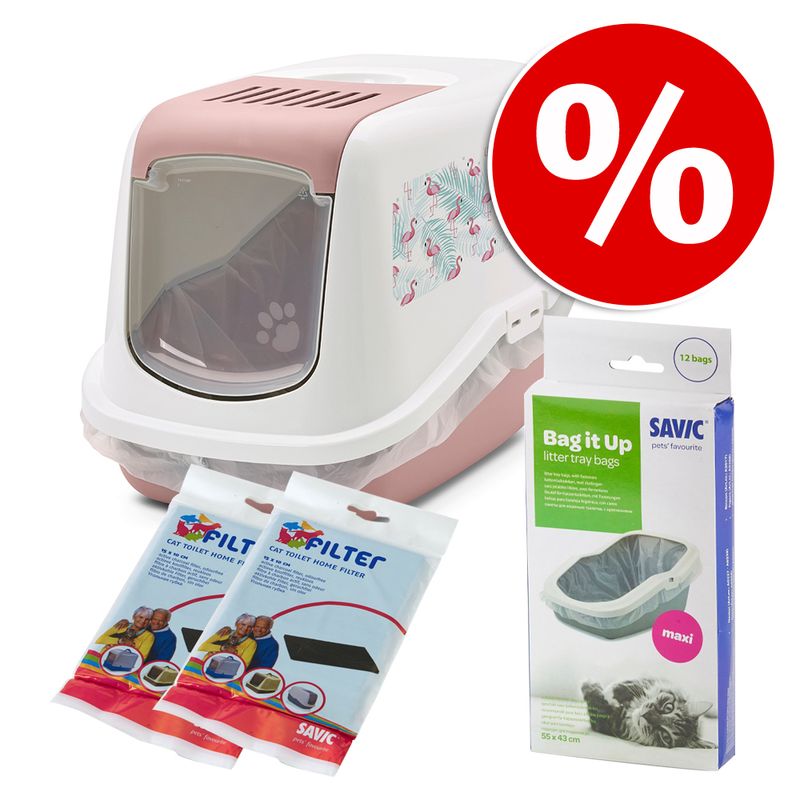 Savic Nestor Cat Litter Tray with Flamingo Design Pink & White with Flamingo Print