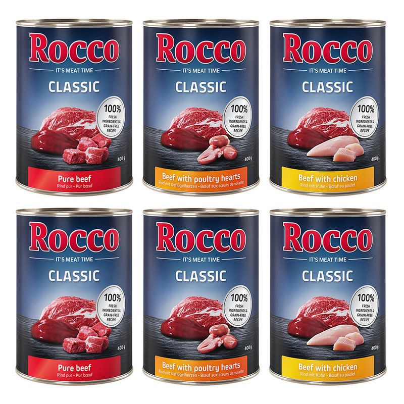 Rocco Classic Mixed Trial Pack 6 x 400g Topseller Mix: Pure Beef, Beef/Poultry Hearts, Beef/Chicken